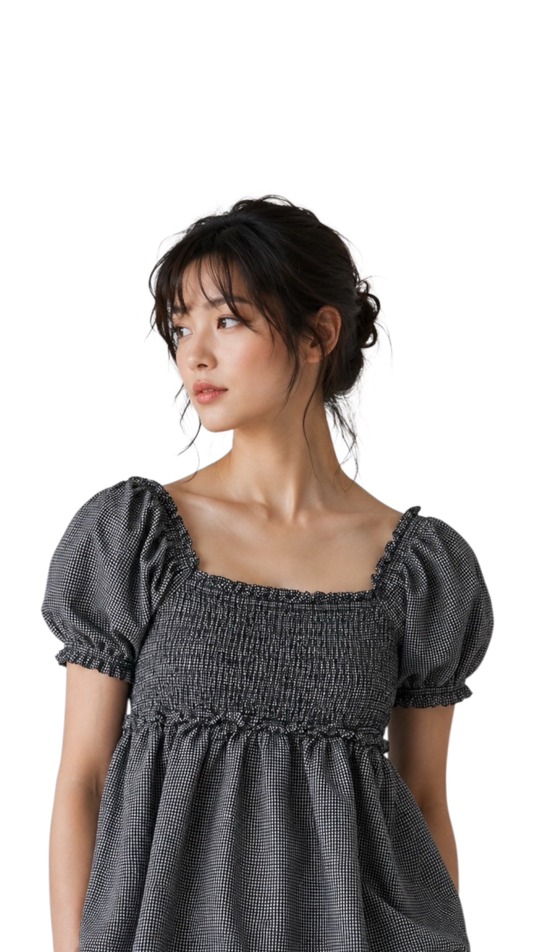 S-M Checkered Babydoll Smock Blouse [CC-G-T5]