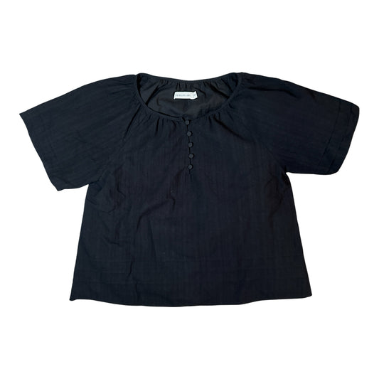 Gemstoresg black short sleeve button down blouse by THE WILLOW LABEL with a gathered neckline and textured finish.