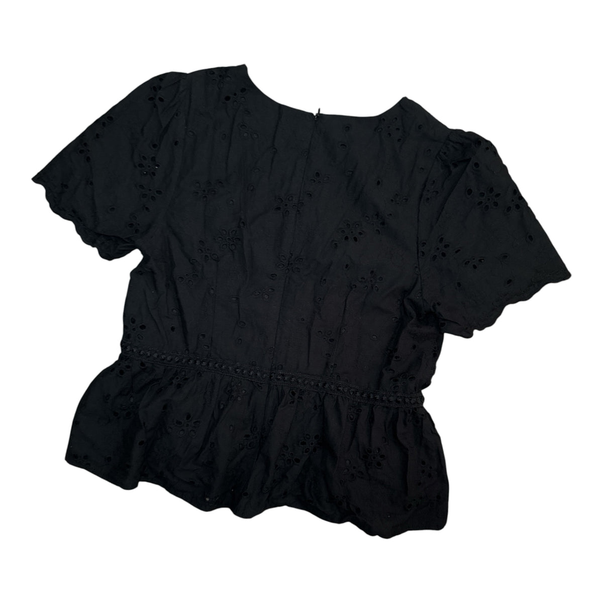 Gemstoresg black eyelet peplum blouse with floral embroidery, short puff sleeves, and a cinched waist detail.
