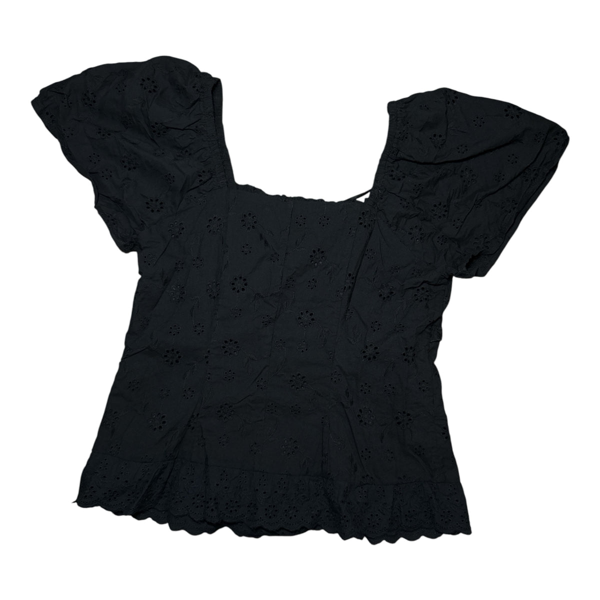 Gemstoresg black eyelet blouse with puff sleeves, square neckline, and intricate floral embroidery.