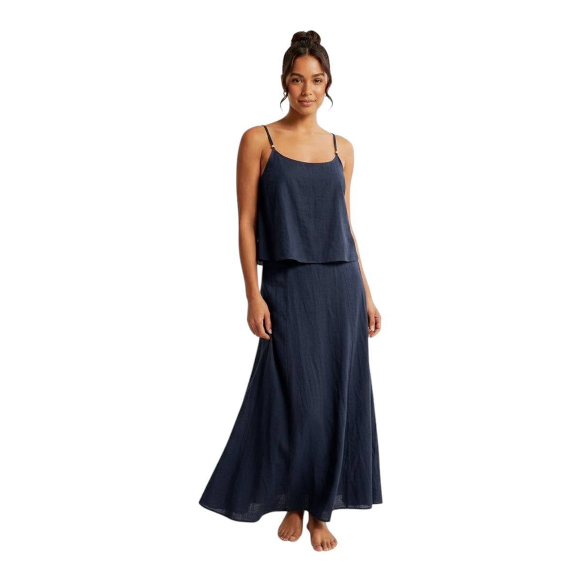 Model wearing a black Gemstoresg linen-blend camisole and matching high-waisted maxi skirt set