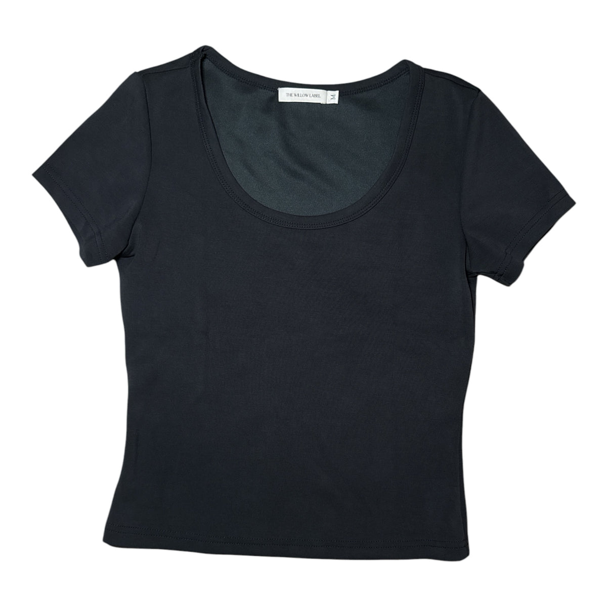 Gemstoresg black short sleeve scoop neck top in soft-touch fabric for a flattering slim fit.