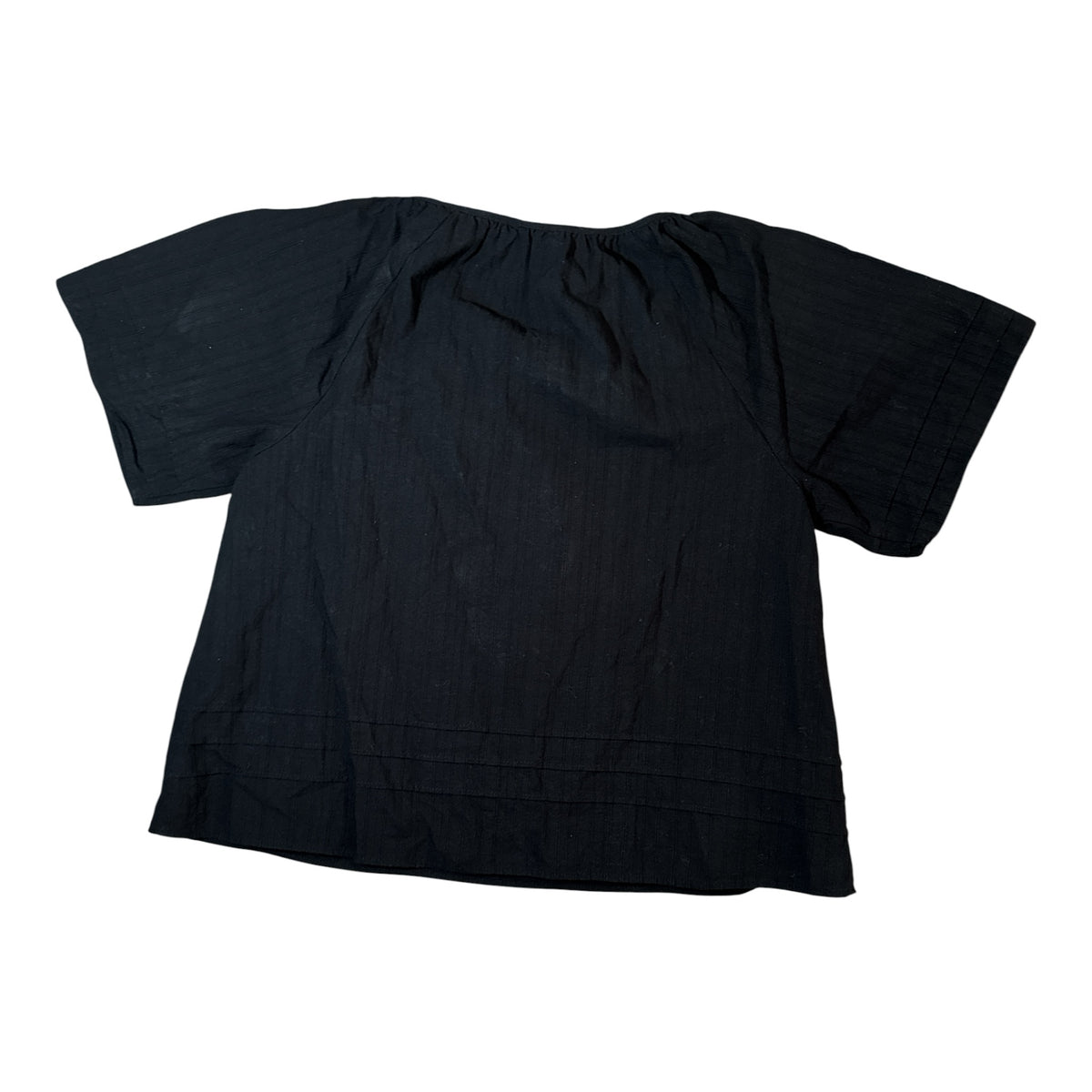 Gemstoresg black short sleeve blouse with a relaxed fit, gathered neckline, and subtle textured fabric finish.