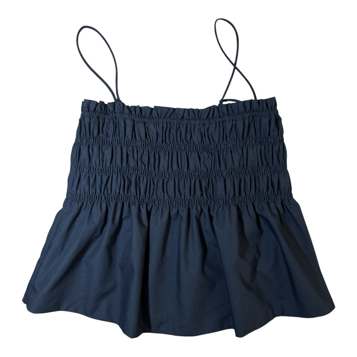 Gemstoresg black smocked spaghetti strap peplum top with a textured shirred bodice and flowy hem.