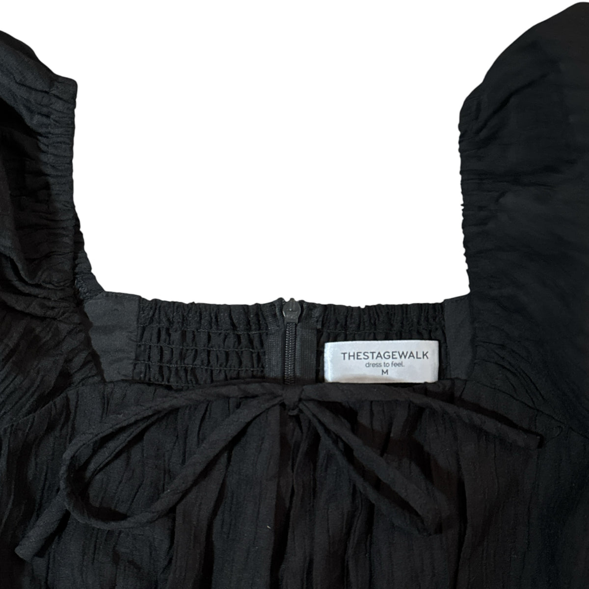 Gemstoresg black textured square neck blouse with puff sleeves, tie-front detail, and smocked waist.
