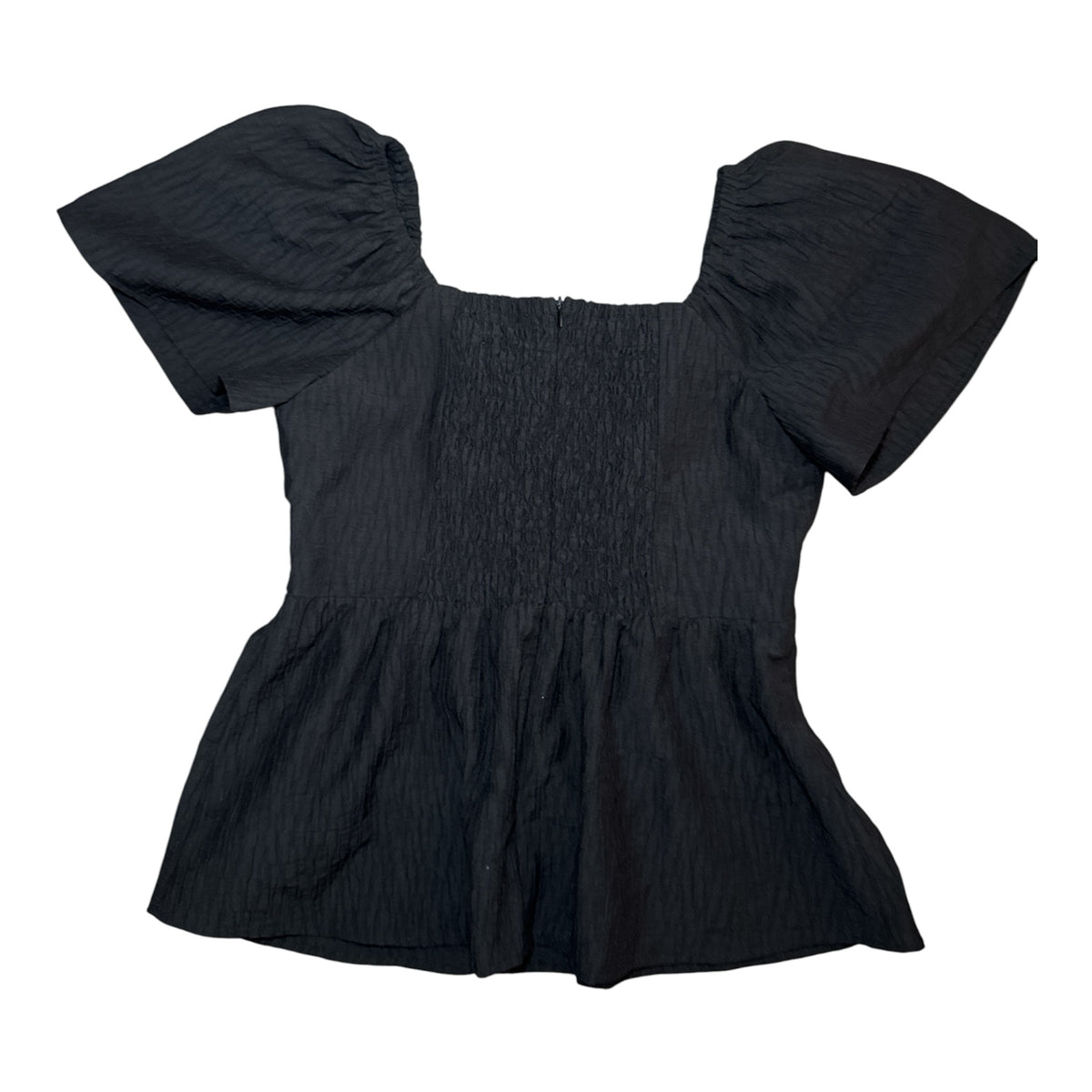 Gemstoresg black square neck blouse with puff sleeves, smocked waist, and textured fabric on a white background.