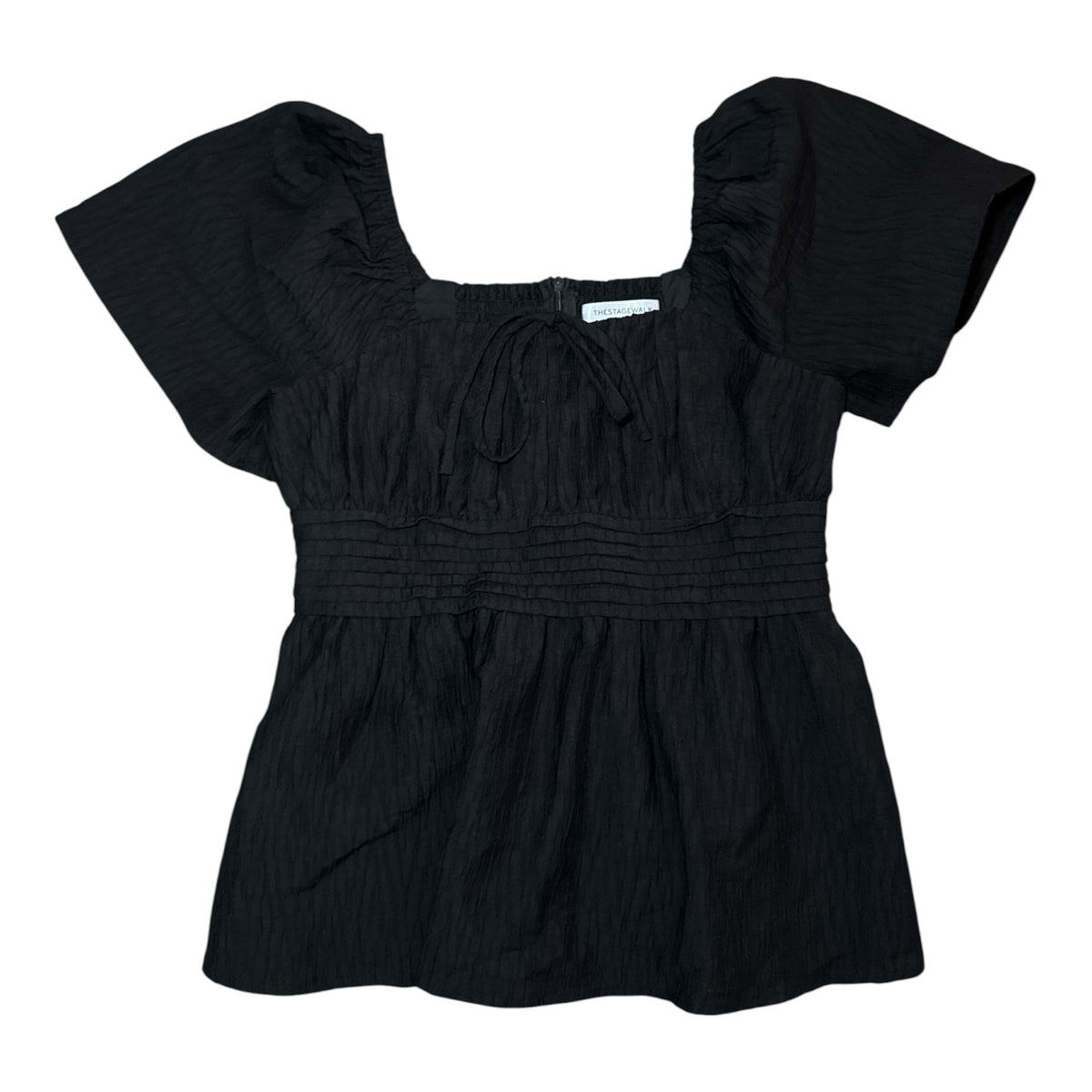 Gemstoresg black square-neck blouse with puff sleeves, tie-front detail, and a smocked waist in textured fabric.