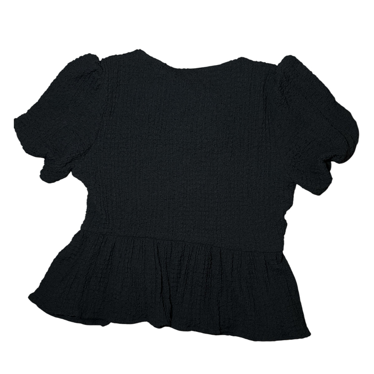 Gemstoresg black textured peplum blouse with puff sleeves and a flattering flared waist silhouette.