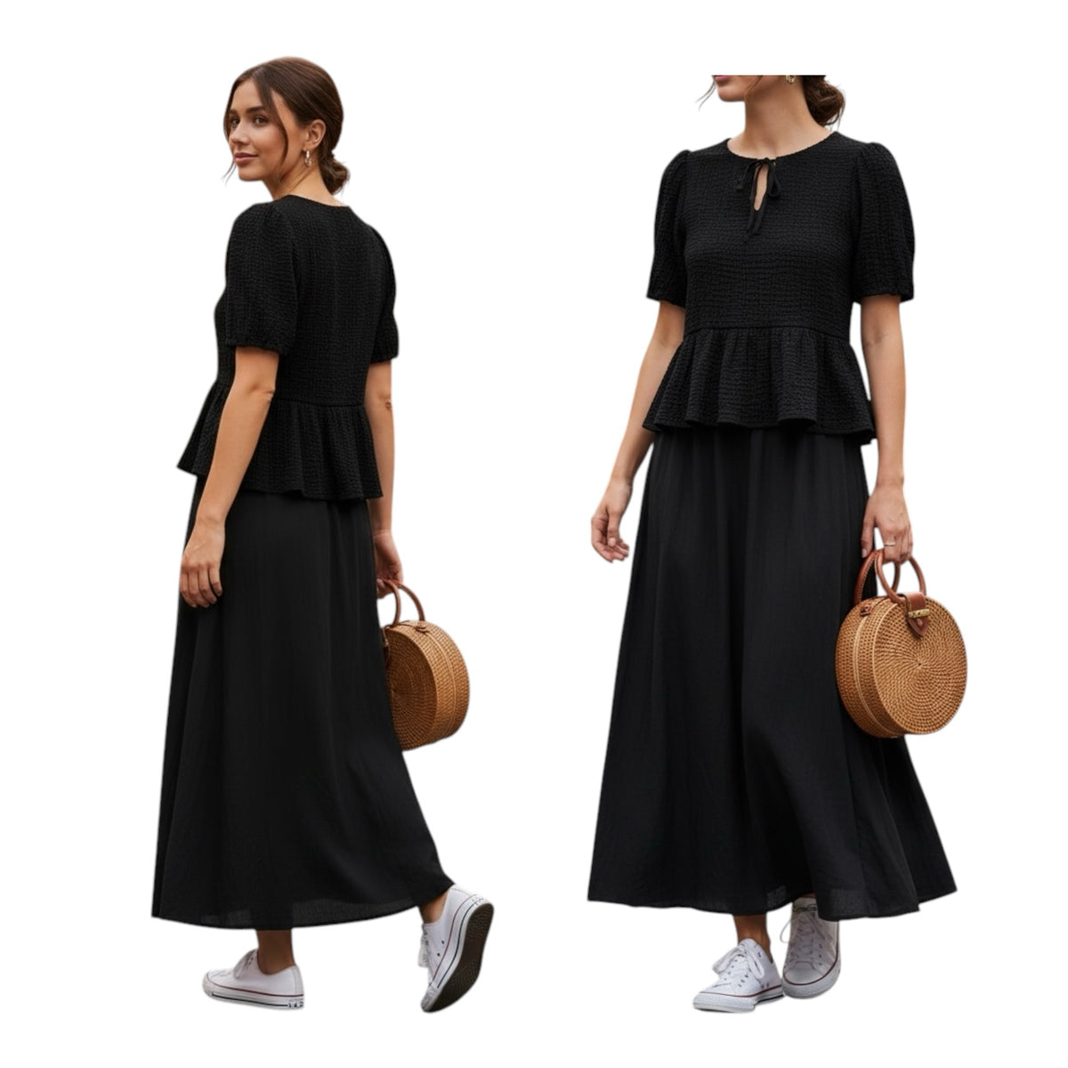 Gemstoresg black textured peplum blouse with puff sleeves and tie-front detail worn with a long skirt and sneakers