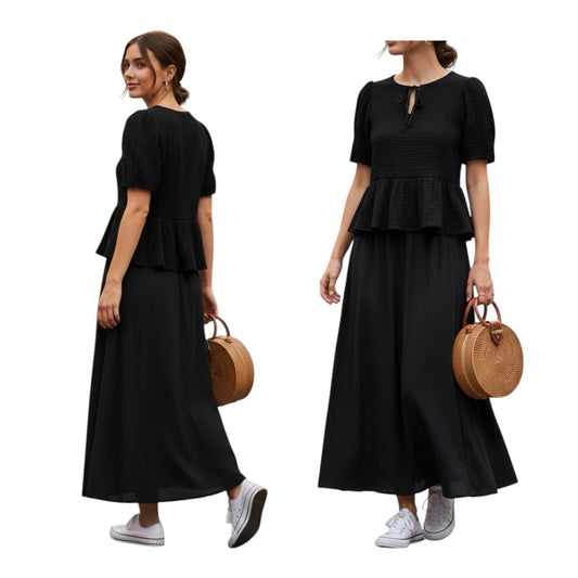 Gemstoresg black textured peplum blouse with puff sleeves and tie-front detail worn with a long skirt and sneakers