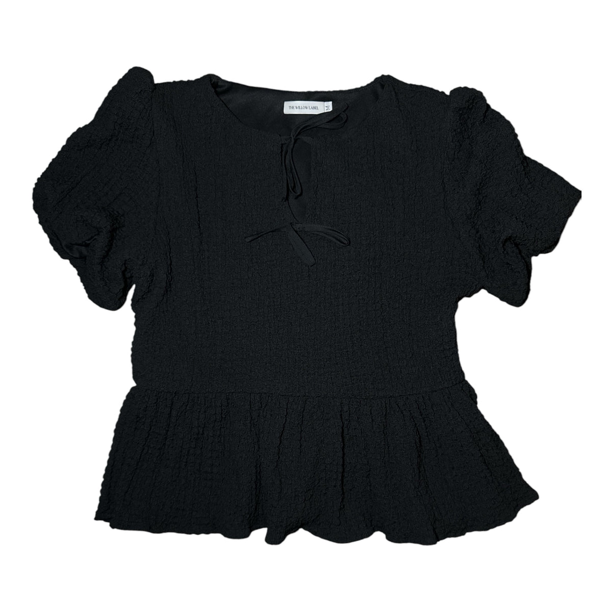 Gemstoresg black textured peplum blouse with puff sleeves and a delicate tie-front neckline detail.