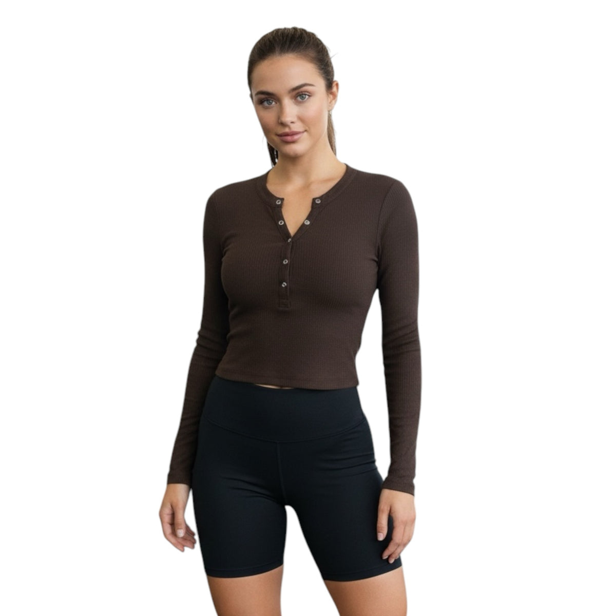 Gemstoresg long-sleeve brown ribbed henley top with button placket worn by a model with black athletic shorts