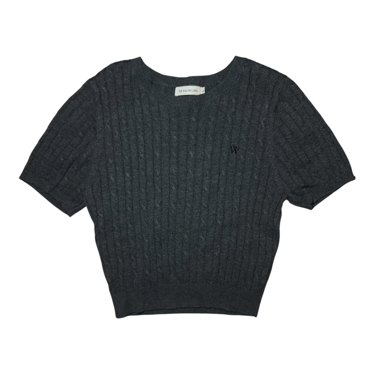 Gemstoresg charcoal grey cable-knit short sleeve sweater with a crew neckline and subtle chest embroidery.