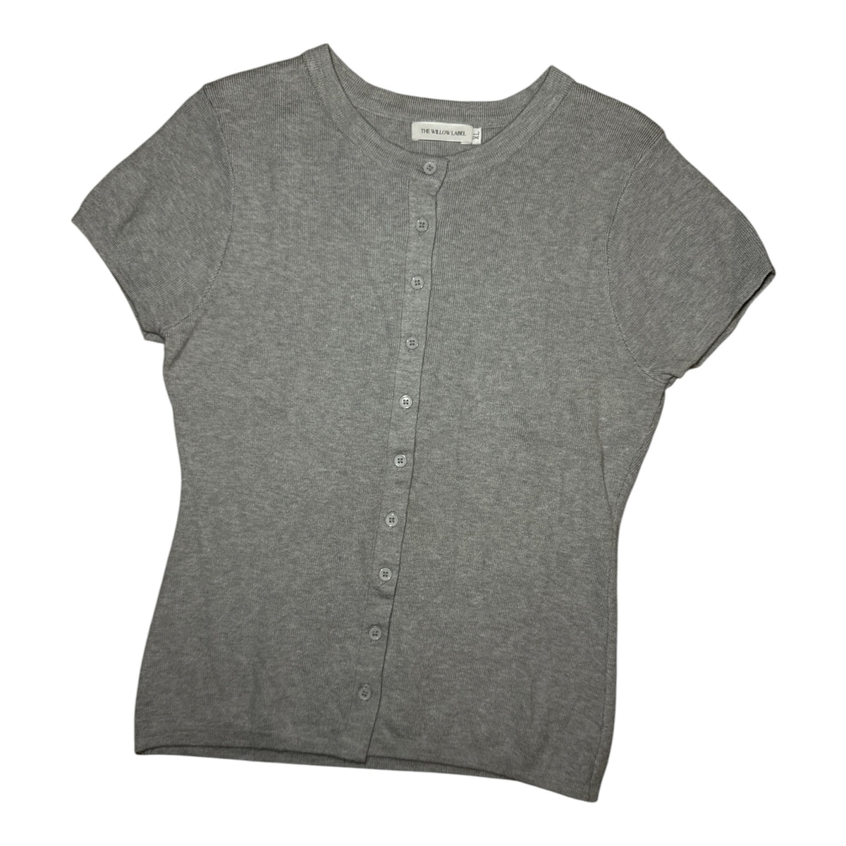 Gemstoresg heather grey short sleeve button-down knit top with a crew neckline and slim-fit silhouette.