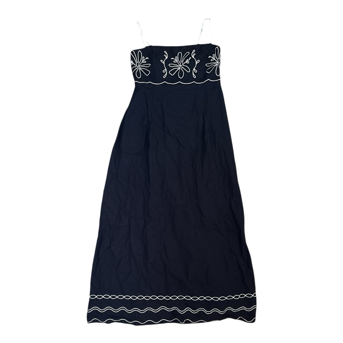 Gemstoresg navy maxi dress with white floral embroidery, square neckline, and adjustable spaghetti straps.