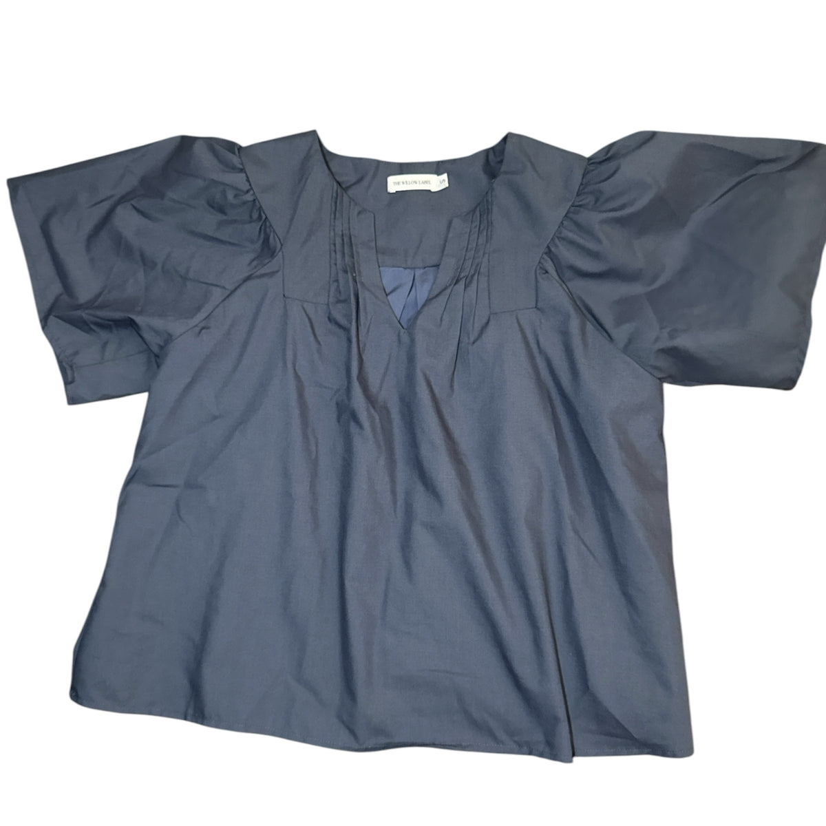 Gemstoresg slate blue cotton blouse with V-neck, pleated neckline, and voluminous puff sleeves for a relaxed fit.