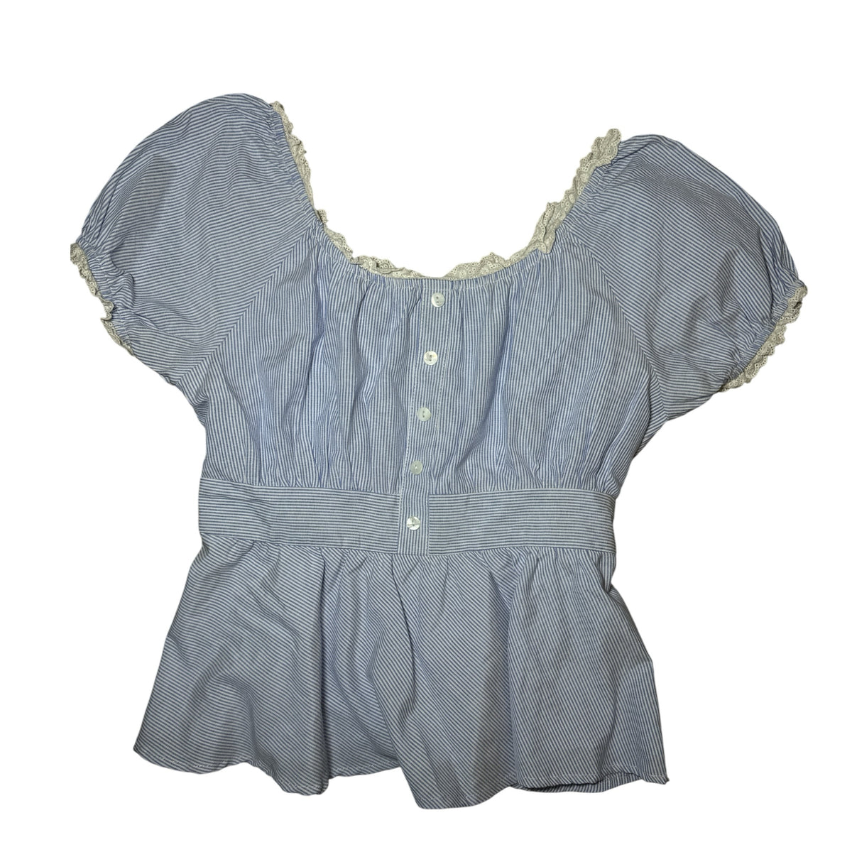 Gemstoresg blue and white striped peplum blouse with puff sleeves, square neckline, and delicate lace trim detail.