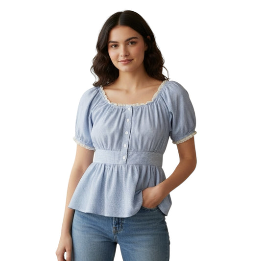 Gemstoresg blue and white striped peplum blouse with lace trim, square neckline, and puff sleeves on a model